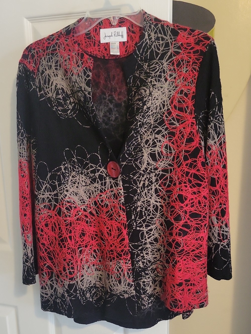 Joseph Ribkoff Black with Red & Cream Abstract Scribble-Print Button Jacket